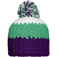 Crocheted Cap with Pompon - Purple/lime green/white