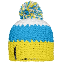 Crocheted Cap with Pompon - Yellow/pacific/white