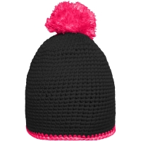 Pompon Hat with Contrast Stripe - Black/pink