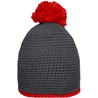 Pompon Hat with Contrast Stripe - Carbon/red