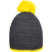 Pompon Hat with Contrast Stripe - Carbon/yellow