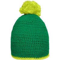 Pompon Hat with Contrast Stripe - Green/acid yellow