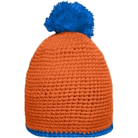 Pompon Hat with Contrast Stripe - Orange/aqua